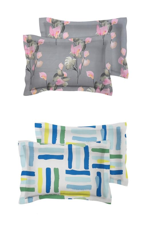 Image of BSB HOME Present Designer Printed 4 Piece 100% Pure Cotton Pillow Cover Set- 20 inch X30 inch Inches, (Multicolor,Grey Pink & Green)