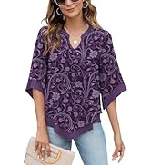 Micoson Womens 3/4 Sleeve Chiffon Blouses V Neck Double Layers Mesh Shirts Dressy Flowy Tunic Tops