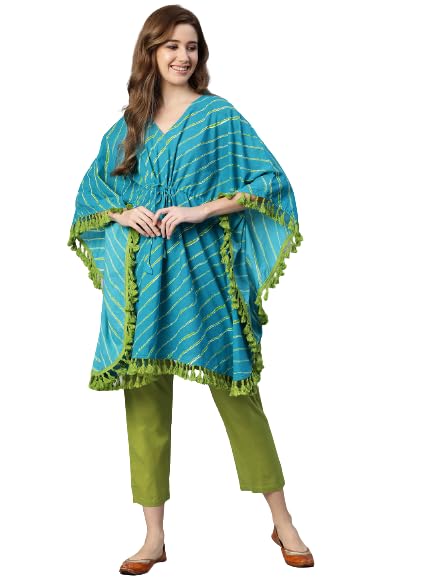 Image of Yuris Women Blue Green Striped Kaftan with Trousers