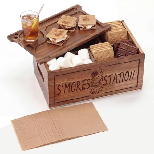 Sieral Smores Station with Tray Handle-farmhouse Smores Kit Acacia Wood Smores Caddy Accessories Organizer Smore Kit Lake House Decoration Graham Cracker Tray for Fire Pit Outdoor 200 Parchment Paper