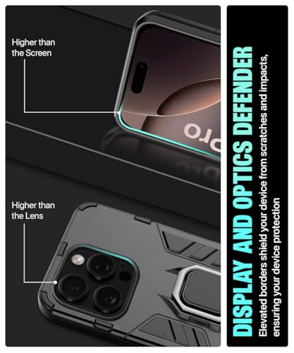 Image of WOW IMAGINE Shock Proof Back Case Mobile Cover for iPhone 16 Pro | Back Cover Case (Tough Armor | Hybrid PC + TPU | Ring Holder & in-Built Kickstand | Black)