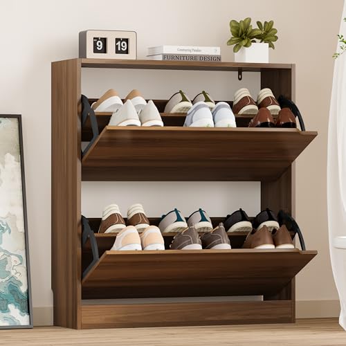Image of BORNOON Shoe Cabinet with 2 Flip Drawers, Slim Narrow Shoe Storage Cabinet, Freestanding Shoe Organizer with Adjustable & Removable Shelves, Top Display Shelf for Entryway, Hallway, Foyer, Closet