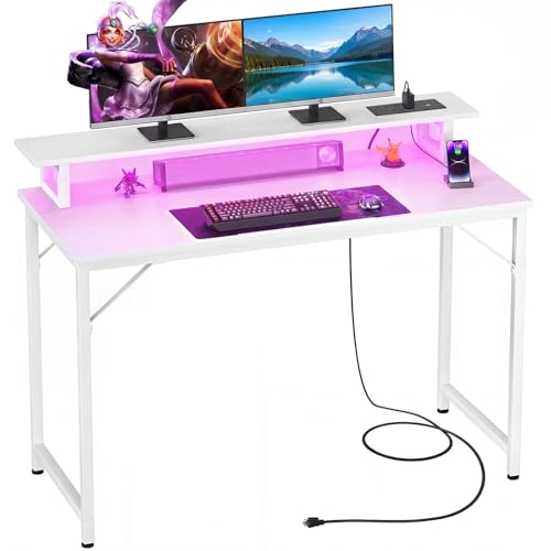 iSunirm Computer Desk with Power Outlets & LED Lights 100cm Gaming Desk with Monitor Stand Small Home Office Desk for Small Space PC Gaming Table Workstation for Office Living Room Bedroom White