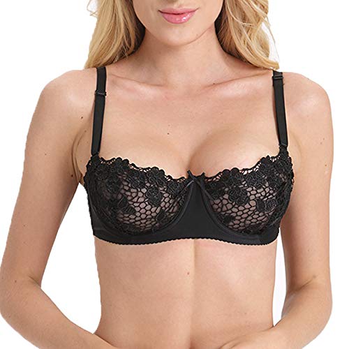 Vogue's Secret Women Sexy Mesh Unlined Bra Underwire See-through Demi Cup Bralette, Black, 42B