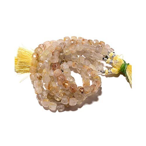 Perles cube quartz rutile doré 8mm facettées pour enfilage robuste