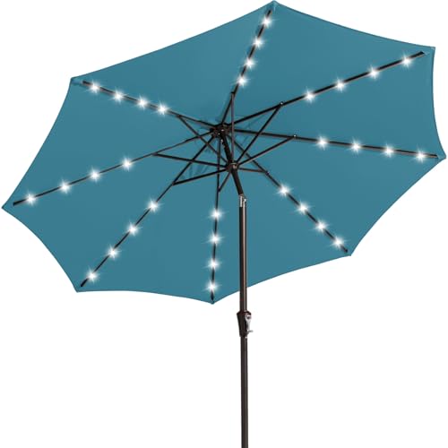 Image of JEAREY 9FT Outdoor Patio Umbrella with Solar Lights, LED Lighted Pool Umbrella with Tilt and Crank, Outdoor Table Umbrellas for Deck, Yard & Market (Lake Blue)