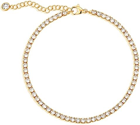 MEVECCO Anklet for Women Gold Tennis Chain Round Zirconia Cut Faux Diamond 14K Gold Plated Dainty Chain Boho Beach Summer Simple Foot Jewelry Ankle Bracelet for Girls