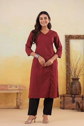 Image of Ichaa Women's Cotton Kurta | Printed Straight Kurta | V-Neck, 3 /4th Sleeve, Ethnic Wear