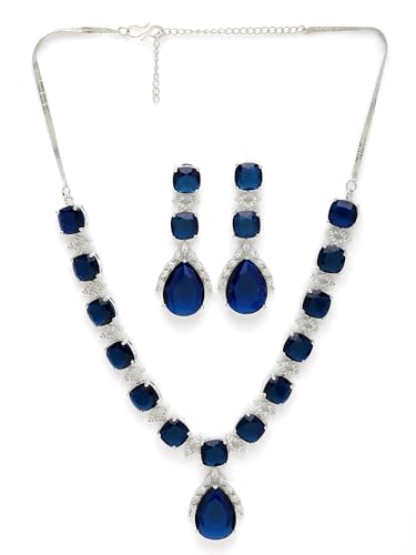 Image of Karatcart Elegant Silver Plated Blue American Diamond Necklace Set for Women