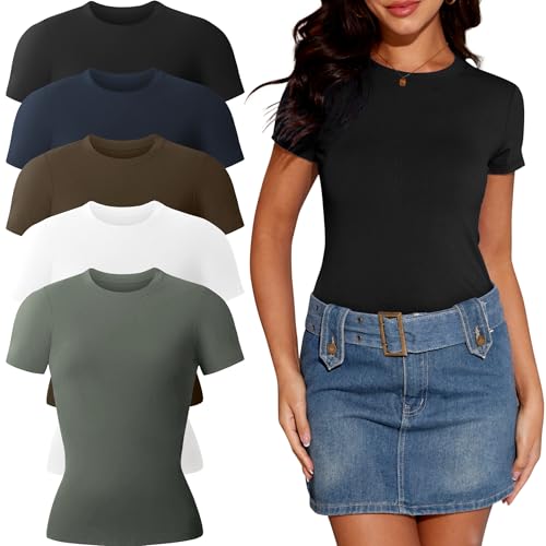 YOIOWVY Paquete de 5 Camisetas de Manga Corta para Mujer con Cuello Redondo, Informales, básicas, entalladas y elásticas