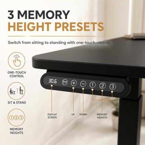 Image of Height Adjustable Table for Office Work | Electric Sit Stand Study Desk 80 Kg Load | Standing Work Table with 3 Memory Preset | Cup Holder Cable Management & Hook |120*60 Cm Thick Top - Black