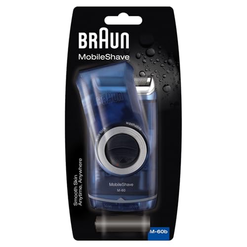 Braun PocketGo Mobile Shave Electric Travel Shaver Electric Razor for Men for On The Go Fully Washable Portable Shaver with Travel Lock M60 Blue