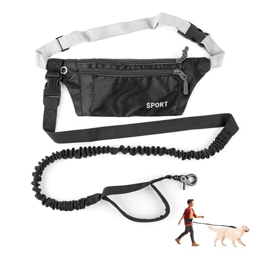 Laisses Main Libre Chien, Laisse Anti Traction Chien Réglable, Laisse Canicross Chiens avec Sac Banane Amovible, Baudrier Canicross avec Poignée Simple pour...