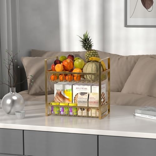 Image of 2 Tier Countertop Fruit and Vegetables Basket | Multipurpose Storage Organize Stand for Kitchen, Dining Table and Bathroom (2 Tier Gold)