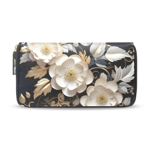 Long Wallets Leather Bifold Wallet for Women White Flower Carved with Zipper Credit Card Holder Large Capacity