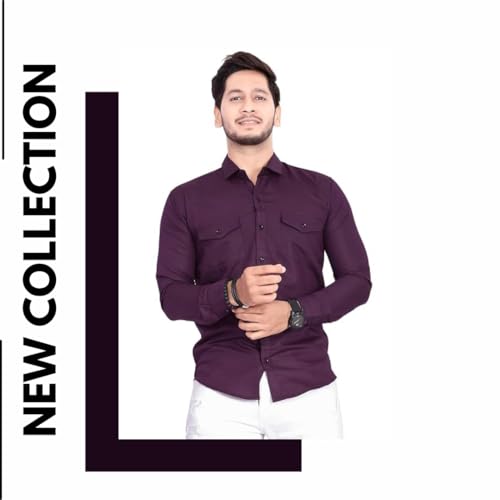 Image of Men's Cotton Spread Collar Full Sleeve Regular Fit Solid Casual Shirt with Double Pockets - Stylish Comfortable Shirt for Everyday Wear
