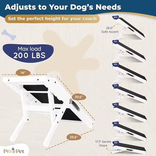 Dog Ramp for Couch – Non-Slip, Sturdy Build Foldable Wooden Dog Ramp – Supports up to 200 lbs – 7 Adjustable Heights (14"–20.5") – Enhanced Stability – Birchwood Pet Ramp for Small Dogs – White by PRIORPET - Image 5