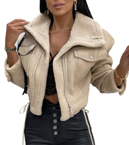 Aonoapll Women Faux Leather Sherpa Moto Jacket Lapel Fleece Lining