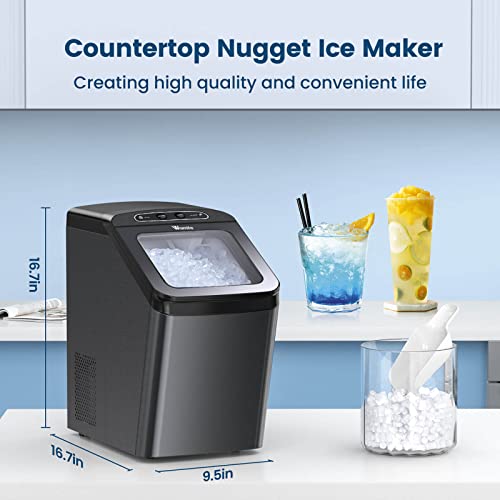 Wamife Nugget Ice Maker Countertop, Pebble Ice Maker Machine, 30Lbs/Day, Auto/Manual Water Refill, Self-Cleaning, Stainless Steel Finish Pellet Ice Maker With Ice Scoop & Basket For Home Office Party #TOP2