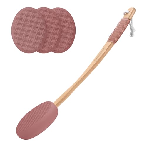 Image of AmazerBath Lotion Applicator for Back, Feet, 4 Replacement Pads with 17 inch Curved Handle, Back Sunscreen Applicator for Kids, Elderly, Women, Apply Skin Cream Medicine Moisturizer Tanner, Coffee Pink
