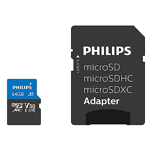 Philips Ultra Pro microSDXC Card 64 GB + SD Adapter UHS-I U3, Lesegeschwindigkeit bis zu 100 MB/s, A1 Fast App Performance, V30, Speicherkarte für Smartphones, Tablet, PC, Card Reader, 4K UHD Video