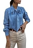 chouyatou Women's Spring Bow Tie Neck Button Down Denim Shirts Business Casual Tops Office Blouses (Small, Blue)