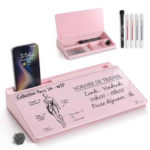 TOWON Compact Glass Desktop Whiteboard with Storage 12x7 in, Pink | Aesthetic dry erase surface, 5 markers, eraser and holder included, for the office, home or school desk