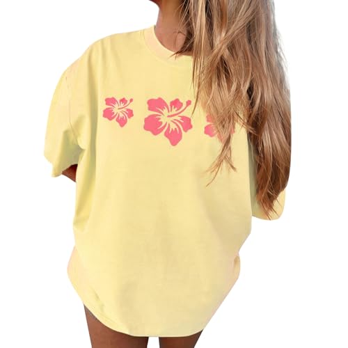 Image of Oversized Graphic Shirt for Teens Girl Y2K Ocean Floral Short Sleeve Baggy Tee Shirts Vintage Aesthetic Coastal Tops (Lemon Yellow, S)
