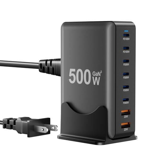Image of 500W USB C Fast Charger Block, 8 Port Charging Station, GaN Ⅲ Multi Port Charging Station Hub for Multiple Devices, Multiport USB Charger Station Compatible with MacBook iPhone iPad Dell