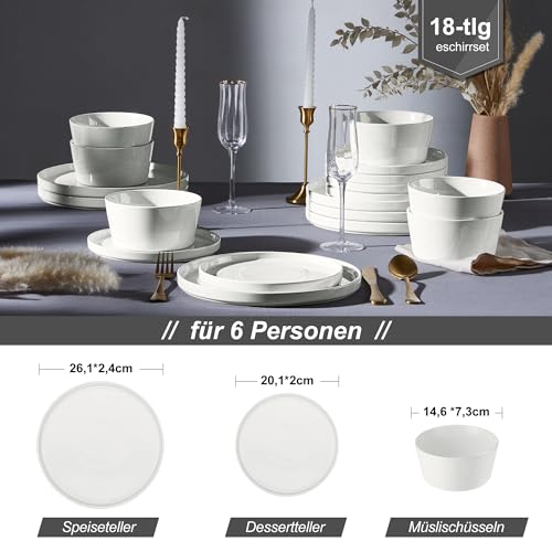 Homikit Geschirr Set, 18-tlg Steinzeug Geschirrset Tafelservice 6 Personen, Essgeschirr mit Dessertteller Müslischüsseln Speiseteller, Klassisch Weiß mit Speckles, Mikrowellen- und Spülmaschinenfest