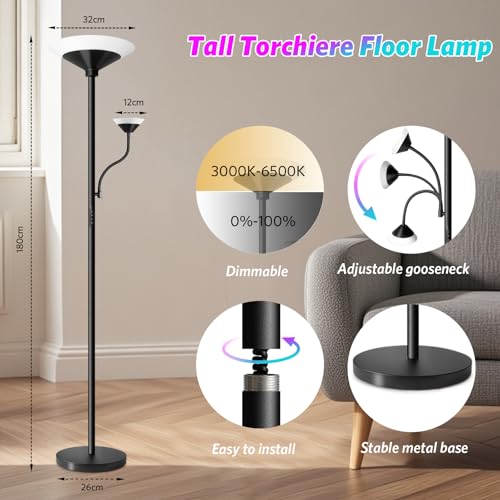 BBHome LED Stehlampe Wohnzimmer RGB, 27W Deckenfluter LED Dimmbar mit 6W leselampe, 3000K-6500K Moderne Dimmbar Stehlampe mit Fernbedienung & Berührung für Wohnzimmer, Schlafzimmer, Büro, Schwarz