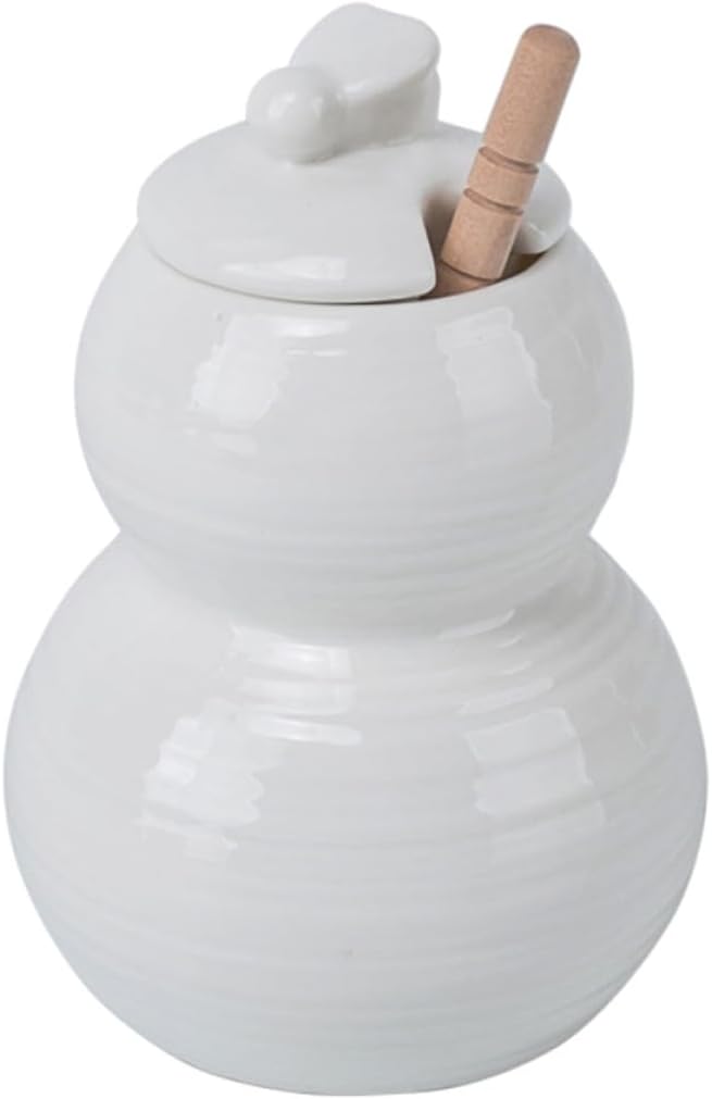 Ceramic Honey Jar with Wooden Spoon, 1pcs Food Storage Container for Kitchen and Tea, White Multifunctional Honey Pot for Home Dining and Farmhouse Decor