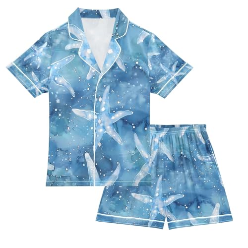 senya Starfish on Blue Watercolor Satin Summer Pajama Sets Silk Short Sleeve Button Down Sleepwear