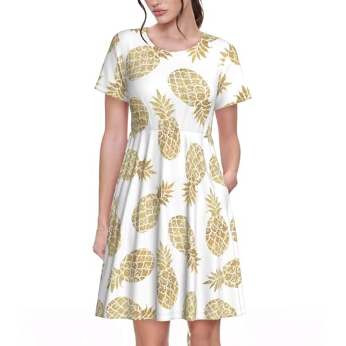 Robe d'été manches courtes col rond imprimé ananas chic