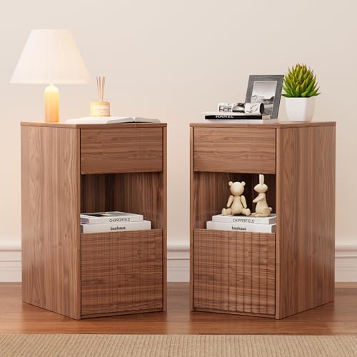 Image of Eongdon Fluted Nightstand Set of 2, Mid Century Modern End Table with 2 Drawers and Open Storage, 11.7 inch W Narrow Bedside Table Organizer, Wood-Like Walnut Finish Compact Night Stand for Bedroom, Sofa