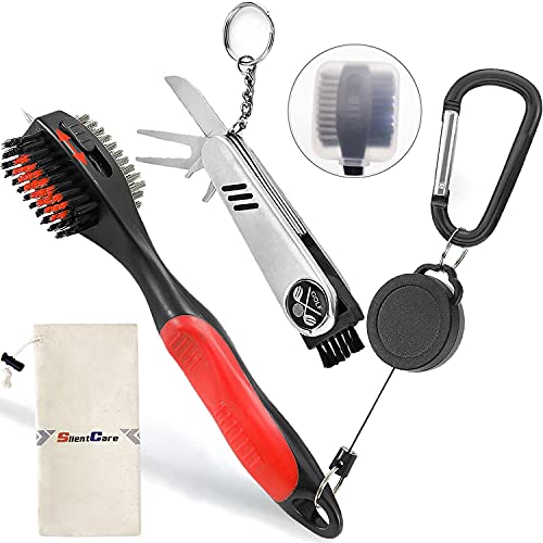 SILENTCARE Golf Accessories, Retractable Sharp Pick Oversized Golf Club Brush and Golf Tool Kit, 5 in 1 Foldable Divot Repair Tool with Golf Marker, Golf Club Cleaner, 2-Piece Golf Gifts Set Red