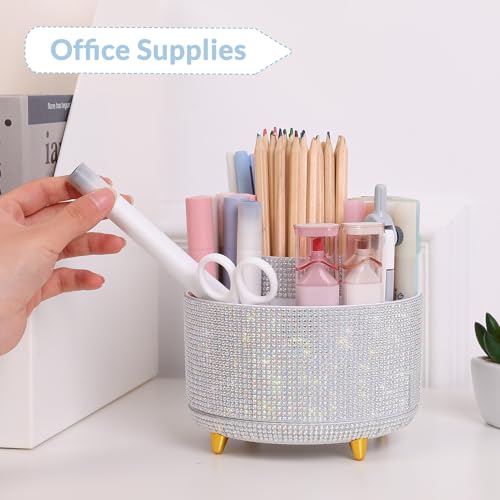 Image of SKYDUE 360 Degree Rotating Desk Organizer, Shining Dual-Purpose Rhinestone Pencil Pen Holder, Rotating Desk Pen Organizer with 5 Slots, Rhinestone Pencil Cup for Office, School, Home