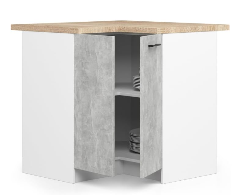 BDW - Armadio Angolare Cucina con Ante e Piano di Lavoro - Armadio 90 cm di Larghezza, 85 cm di Altezza - Mobili da Cucina Singoli (Bianco/Cemento)