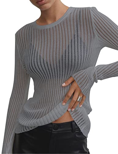 Image of KAMISSY Women See Through Crew Neck Sheer Mesh Knitted Sweater Solid Basic Long Sleeve Loose Fit Knit Pullover Jumper Top