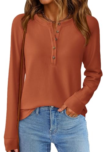 Image of PRETTYGARDEN Women's Long Sleeve Waffle Knit Henley Shirts Loose Tunic Tops