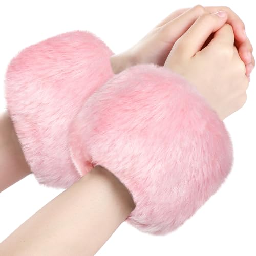 SATINIOR Faux Fur Short Wrist Cuff Winter Fuzzy Wrist Cuff Warmers for Women Girls Favors(Pink)