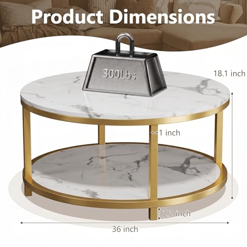 Image of 36 inch Round Gold Coffee Table, 2-Tier Modern White Marble Living Room Center Table with Storage Shelf, Faux Marble Top Cocktail Table, Luxury Circle Tea Table for Contemporary Home Furniture, White