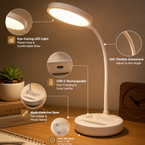 Image of Rechargeable LED Desk Lamp with Mobile Holder, 2400 mAh Battery, USB Type-C Charging, 3 Lighting Modes, Touch Control, Foldable Eye-Care Study Lamp for Reading, Office, Bedside & Students