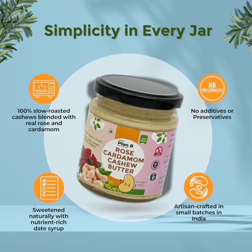 Image of Plan B Rose Cardamom Cashew Butter | 200g Jar | Rose & Cardamom Plant-Based Nut Butter | Creamy Spread | Dairy-Free | Gluten-Free