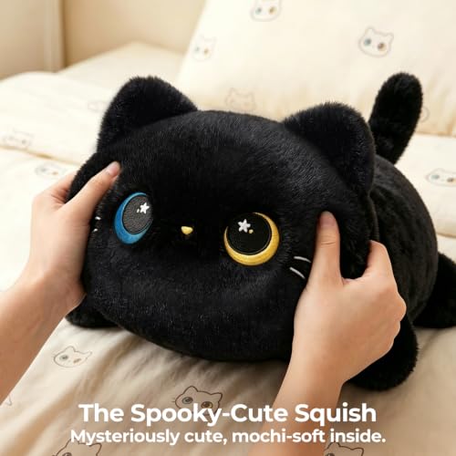Image of Mewaii Odd-Eyed Black Cat Plush Pillow, Squishy & Huggable Kawaii, 13 in