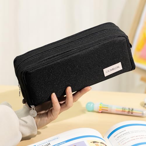 Image of CICIMELON Metal Large Capacity Pencil Case 3 Compartment Pouch Pen Bag For School Teen Girl Boy Men Women (Black), Black, Travel