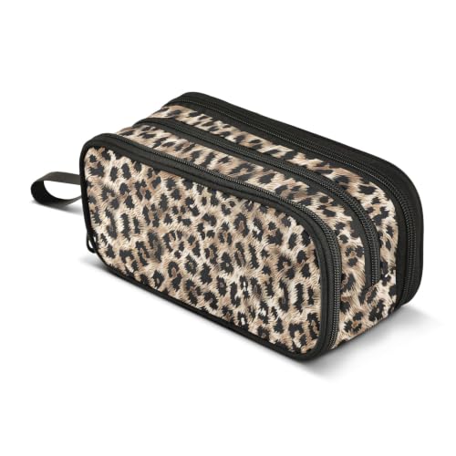 Image of Fuzzy Leopard Print Pattern Pencil Case 3 Compartment Pen Bag Large Pouch Holder Box School Portable Stationery Storage Bag for Teen Girls Boys
