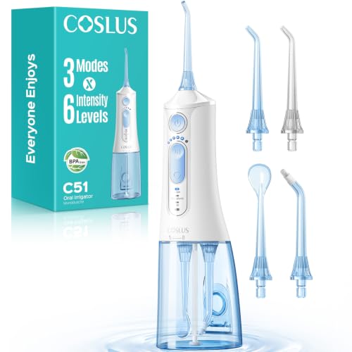 Image of COSLUS ADA Accepted C51 Water Dental Flosser for Teeth, 3 Modes 6 Pressure | Water Dental Pick for Orthodontic, Braces, Sensitive Gums, Multiple Users, Compact for Travel Built-in Nozzle Storage, White