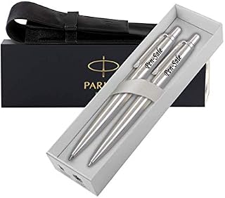Personalised Engraved Parker Jotter Stainless Steel Ballpoint Pen & Pencil Set Gift Boxed in a Paul Clover Genuine Leather Pen Case, Personalised Gift for Christmas - Enter Your Custom Text (Blue Ink)