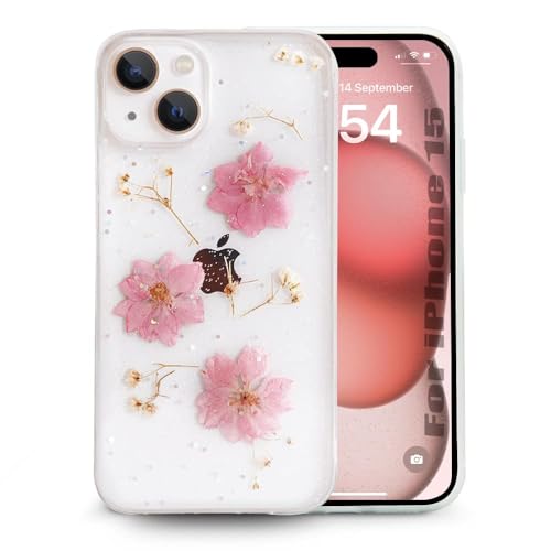 Enflamo Soft Clear Silicone Case Glitter Floral Back Cover for iPhone 15 | with Pressed Dry Real Flowers (Pink)- Best and cheap mobile covers in India